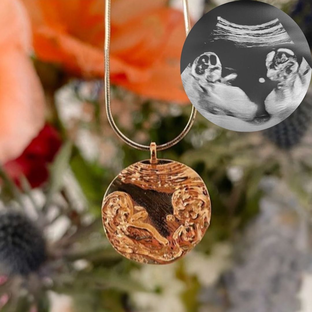 Custom ultrasound pendant necklace – personalised pregnancy keepsake jewelry handcrafted from your baby’s ultrasound scan image in sterling silver, gold-plated, or solid gold.