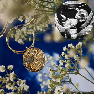 Custom ultrasound pendant necklace – personalised pregnancy keepsake jewelry handcrafted from your baby’s ultrasound scan image in sterling silver, gold-plated, or solid gold.