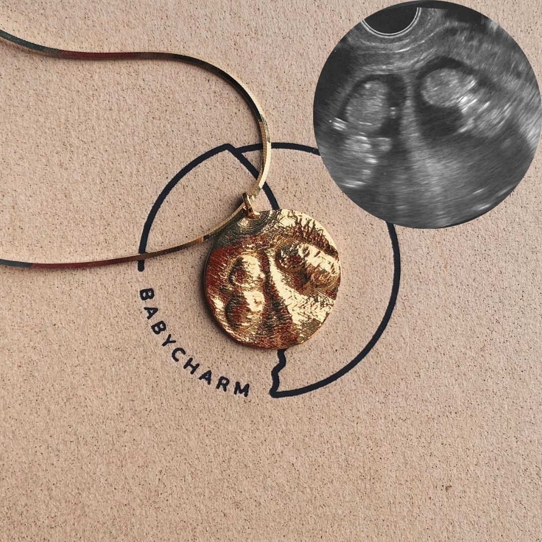 Custom ultrasound pendant necklace – personalised pregnancy keepsake jewelry handcrafted from your baby’s ultrasound scan image in sterling silver, gold-plated, or solid gold.